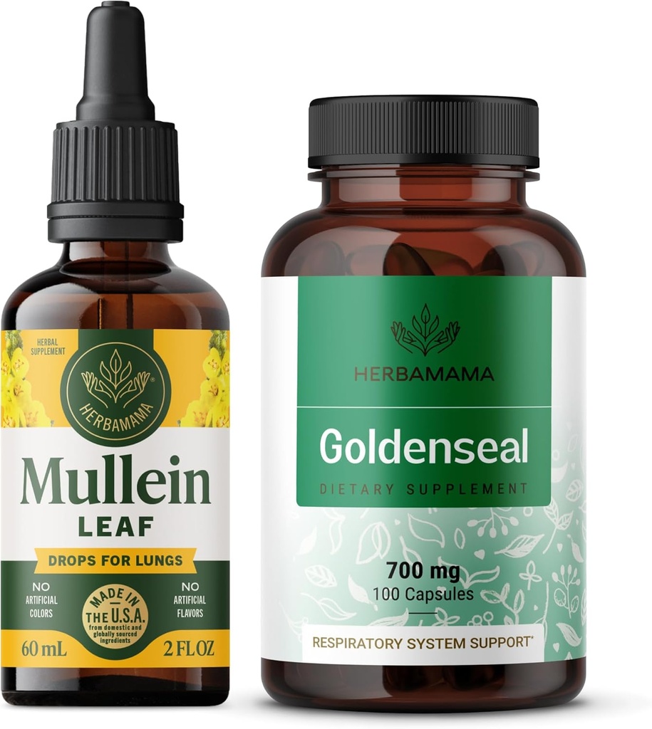 HERBAMAMA Mullein Leaf Extract and Goldenseal Capsules Kit - Bundle of Mullein Leaf Tincture 2 fl oz and 700 mg Goldenseal Root Capsules - Vegan, Non-GMO, Sugar & Alcohol-Free - 2 Pack 2