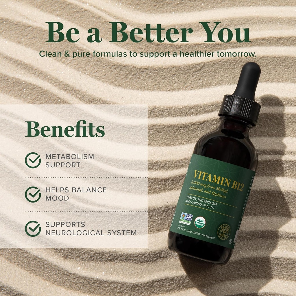 Global Healing - Organic Vitamin B12 5000 MCG Sublingual Liquid - Methylcobalamin, Hydroxo Blend & More - Methylated Drops for Adults - Vegan, Non-GMO, VIT B12, Vitamins Supplement (2 Oz) 5