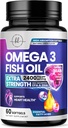 Omega 3 Fish Oil Supplements 2400mg - Triple Strength Omega 3 Fatty Acids, Natural Heart Health Brain & Joint Support - Fatty Acids with EPA & DHA - Wild Caught Fish Oil Supplement - 60 Softgels 2
