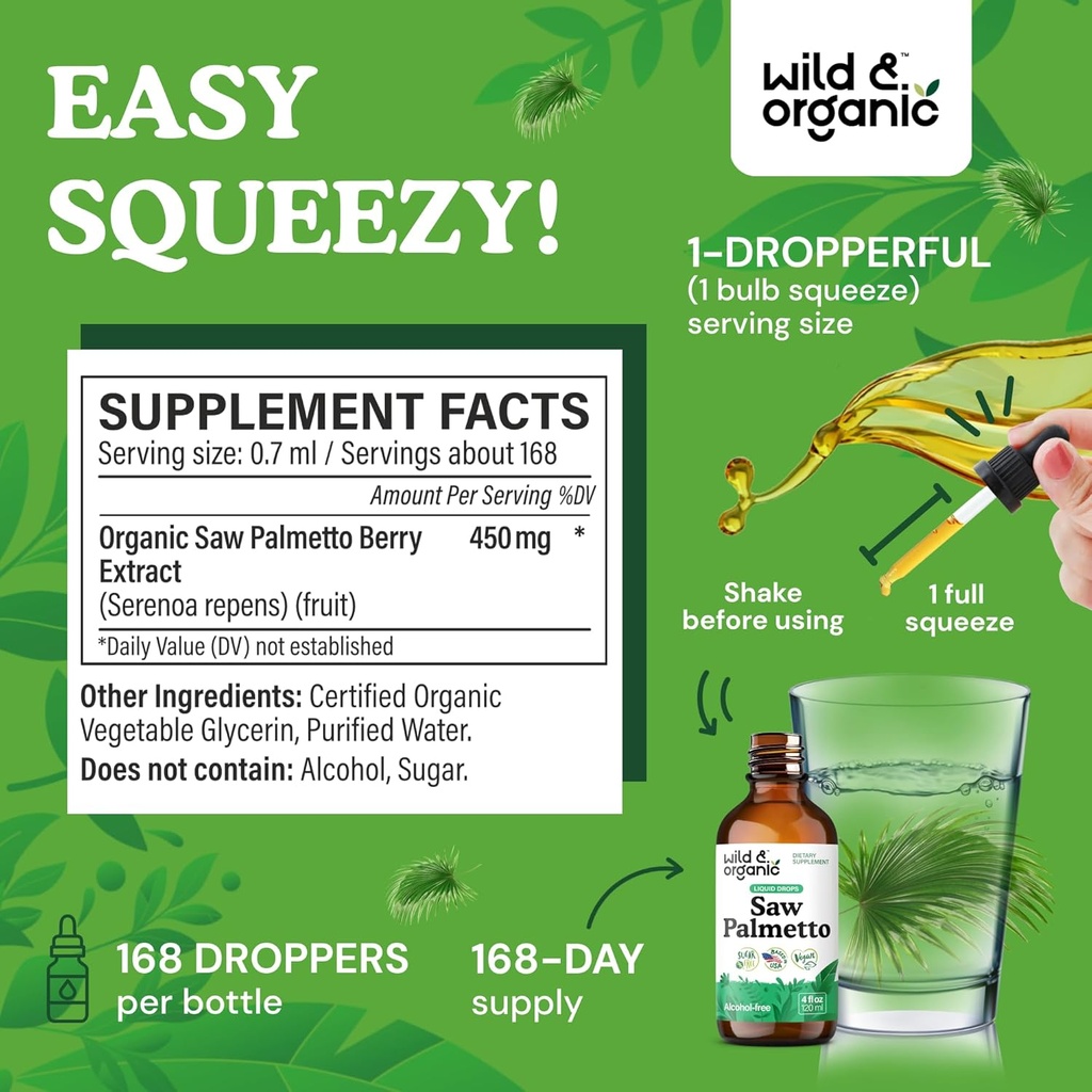 Wild & Organic Saw Palmetto Tincture - Saw Palmetto Extract Supplement for Men & Women - Liquid Powder Based Drops - Serenoa Repens Berries - Vegan, Sugar & Alcohol-Free - 4 fl oz 4