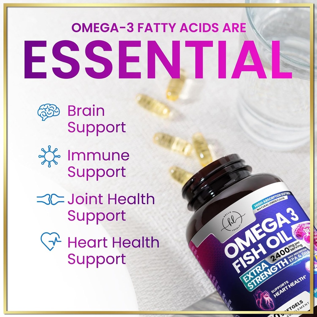 Omega 3 Fish Oil Supplements 2400mg - Triple Strength Omega 3 Fatty Acids, Natural Heart Health Brain & Joint Support - Fatty Acids with EPA & DHA - Wild Caught Fish Oil Supplement - 60 Softgels 6