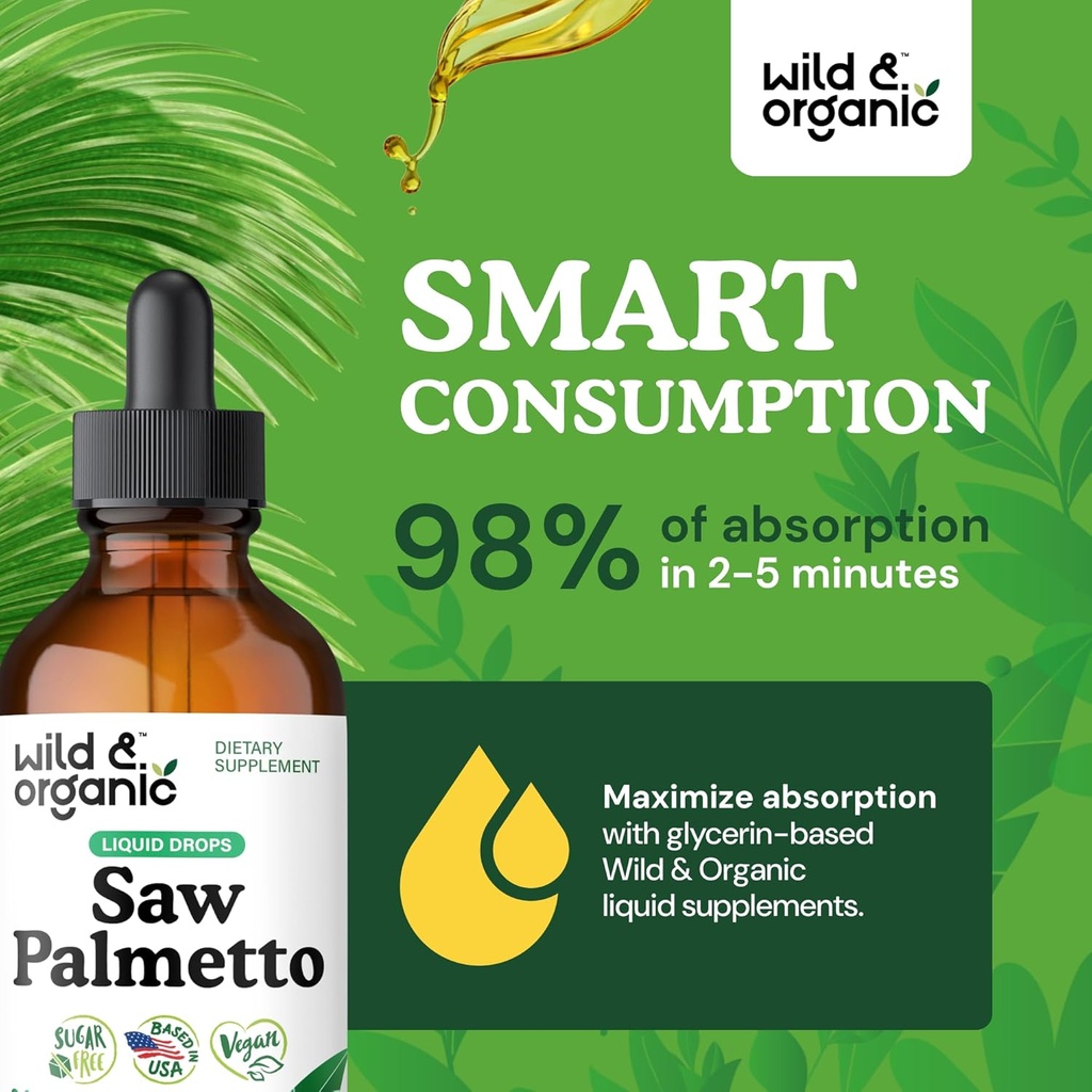 Wild & Organic Saw Palmetto Tincture - Saw Palmetto Extract Supplement for Men & Women - Liquid Powder Based Drops - Serenoa Repens Berries - Vegan, Sugar & Alcohol-Free - 4 fl oz 5