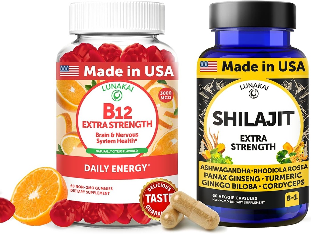Lunakai USA Made B12 Gummies & Shilajit Capsules Bundle – Extra Strength Daily Energy & Wellness Support 2