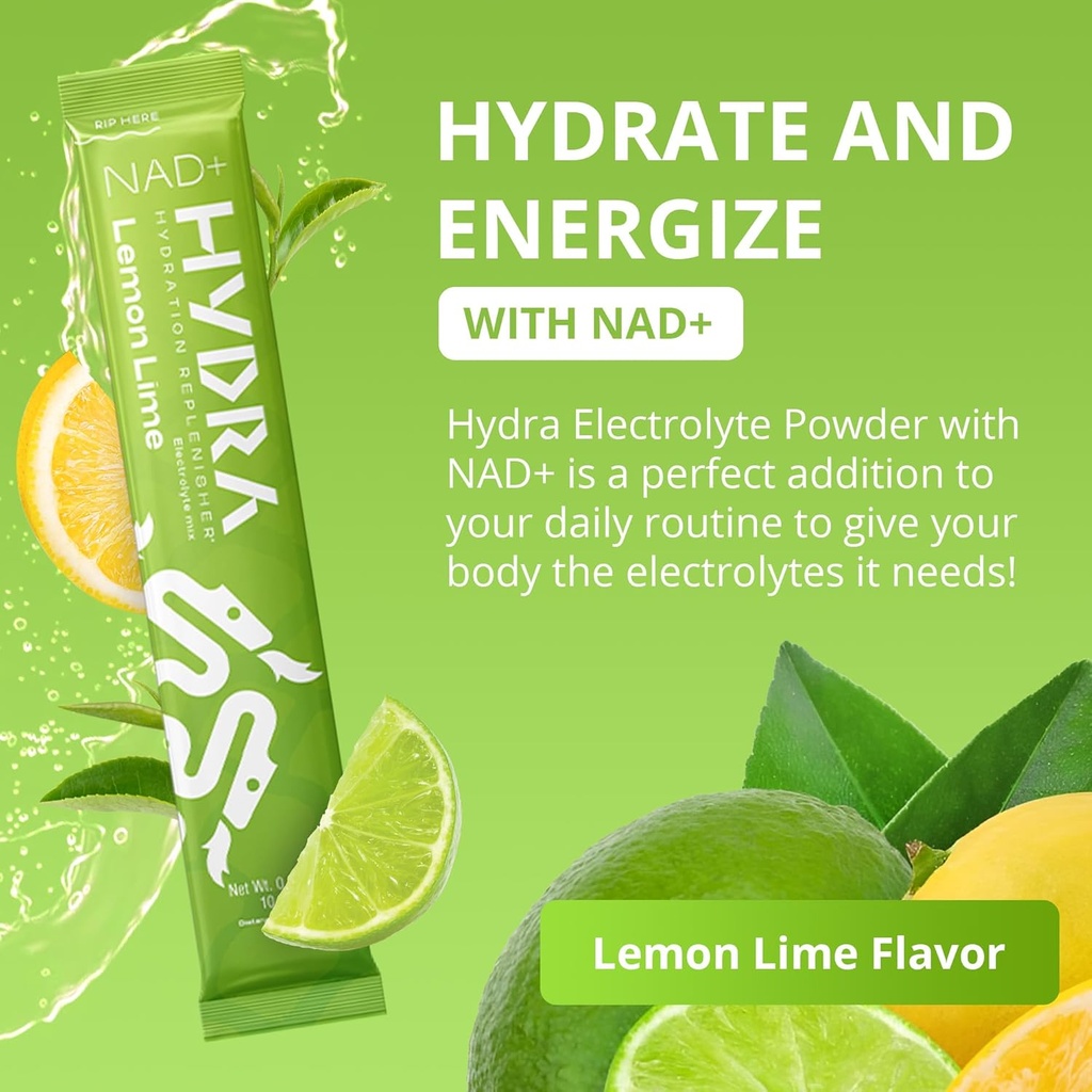 Hydra Powders NAD+ Nutrients Electrolyte Powder Packets, Anti Aging Daily Hydration Packets, Low Sodium Electrolytes Powder, Electrolyte Drink Mix Low Sugar - 16 Electrolyte Packets Lemon Lime 3