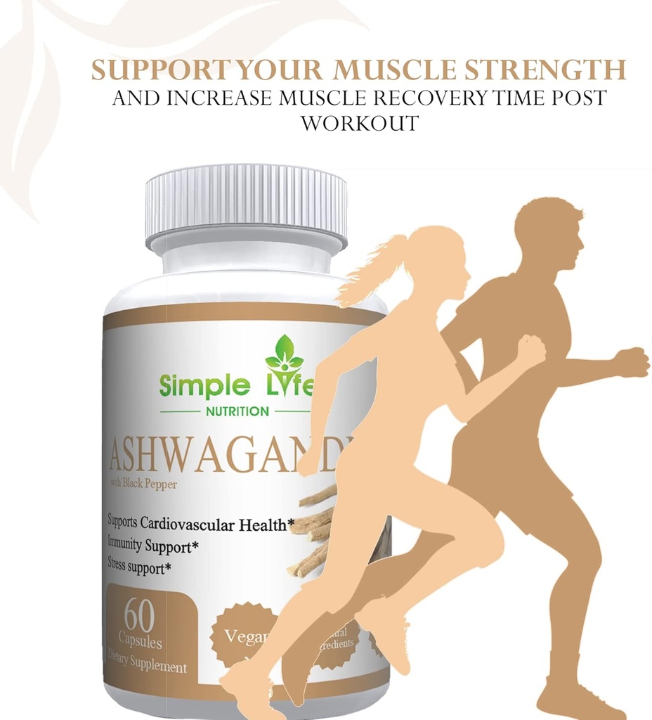 Organic Ashwagandha - Max Strength 1300MG Vegan Capsules - 100% Pure Non GMO Root Powder with Natural Black Pepper 60CT 6