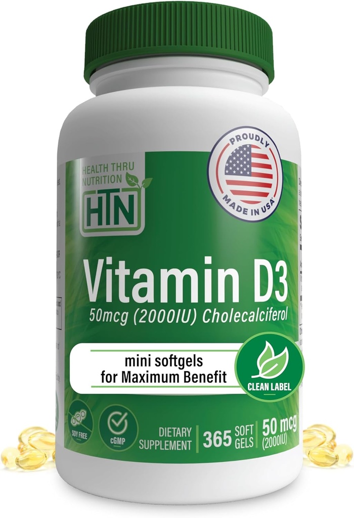 Health Thru Nutrition Vitamin D3 2000iu 365 Mini Softgels for Maximum Benefits | Year Supply | 50mcg Cholecalciferol | 3rd Party Tested | Non-GMO USP Grade in EVOO | Immune Health Support 2