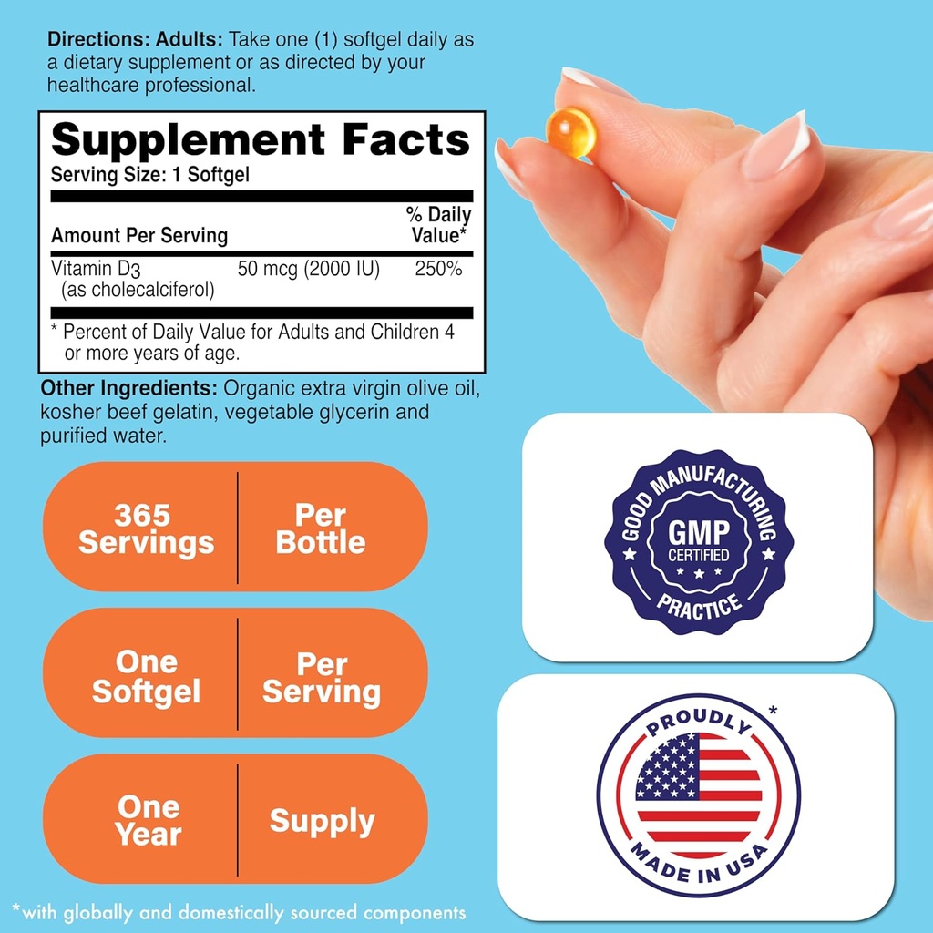 Health Thru Nutrition Vitamin D3 2000iu 365 Mini Softgels for Maximum Benefits | Year Supply | 50mcg Cholecalciferol | 3rd Party Tested | Non-GMO USP Grade in EVOO | Immune Health Support 3