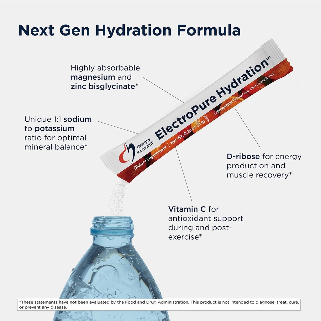 Designs for Health ElectroPure Hydration Packets, Clementine Flavor - Electrolytes Powder with Vitamin C, Magnesium, Zinc, and Potassium - with Stevia and Monk Fruit Sweetener (14 Stick Packets) 4