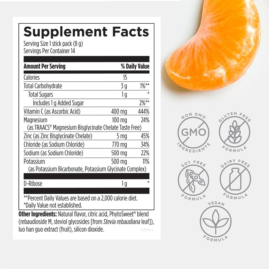 Designs for Health ElectroPure Hydration Packets, Clementine Flavor - Electrolytes Powder with Vitamin C, Magnesium, Zinc, and Potassium - with Stevia and Monk Fruit Sweetener (14 Stick Packets) 6