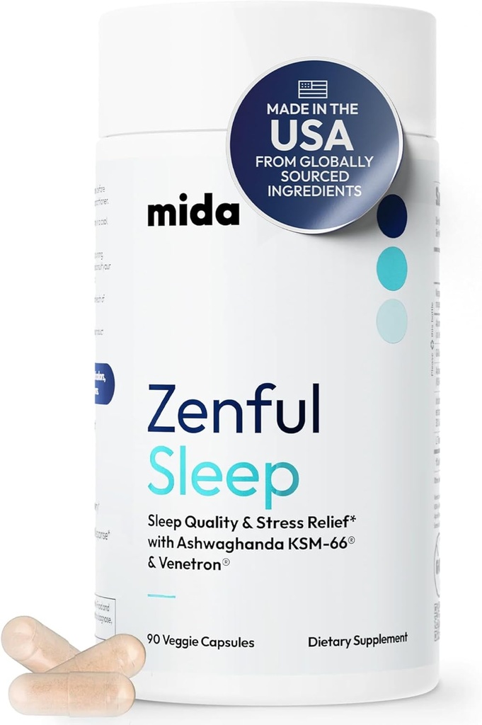 Mida Health® Zenful Sleep 6-in-1 Natural Sleep Aid for Adults Without Melatonin | Deep Sleep Supplement with Ashwagandha KSM-66® and Venetron® | Supports Cortisol Balance | 90 Capsules 2