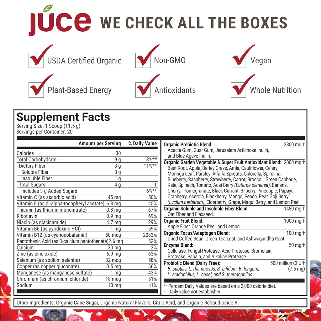 Terra Kai Organics JUCE Reds Organic Superfood Powder - Garden Berry Flavor | Fruit & Veggie Powder for Everyone w/64 Immune Boosting Superfood Plus Probiotics for Gut Health | 20 Servings (230g) 3