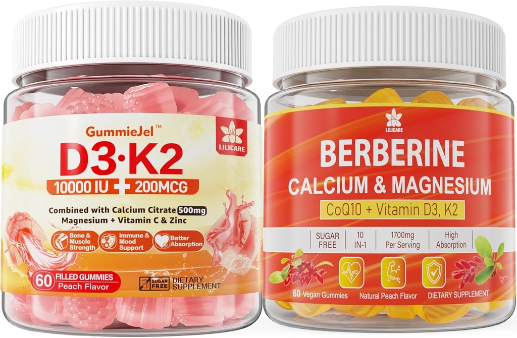 Sugar-Free Vitamin D3 K2 Gummies with Calcium, Magnesium Citrate, Vitamin C + Berberine Supplement Gummies, with Liposomal Berberine & Berberine HCI, Calcium, Magnesium 2