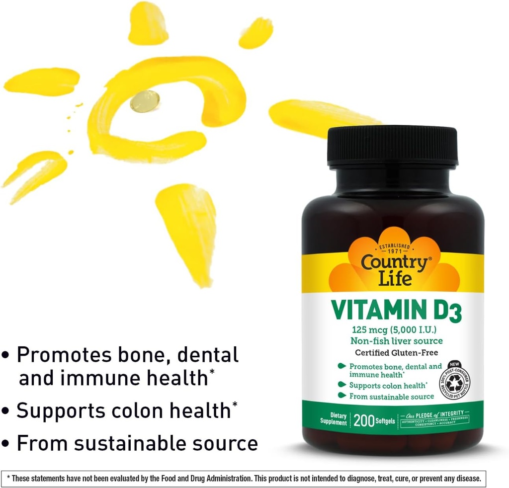 Country Life Vitamin D3 5000 IU for Immune and Bone Health, Calcium Absorption, and Colon Health - Sustainable Source from Lanolin, Available in Various Strengths 6
