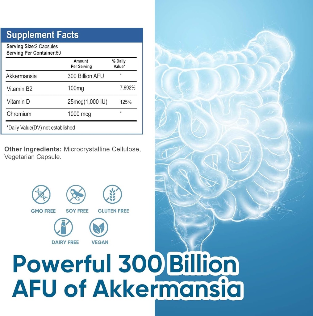 300 Billion AFU Akkermansia Probiotic Supplement - 120 Capsules 2 Month Supply Supports Digestive, Immune & Overall Health - Increases GLP-1 Production - for Men & Women 5