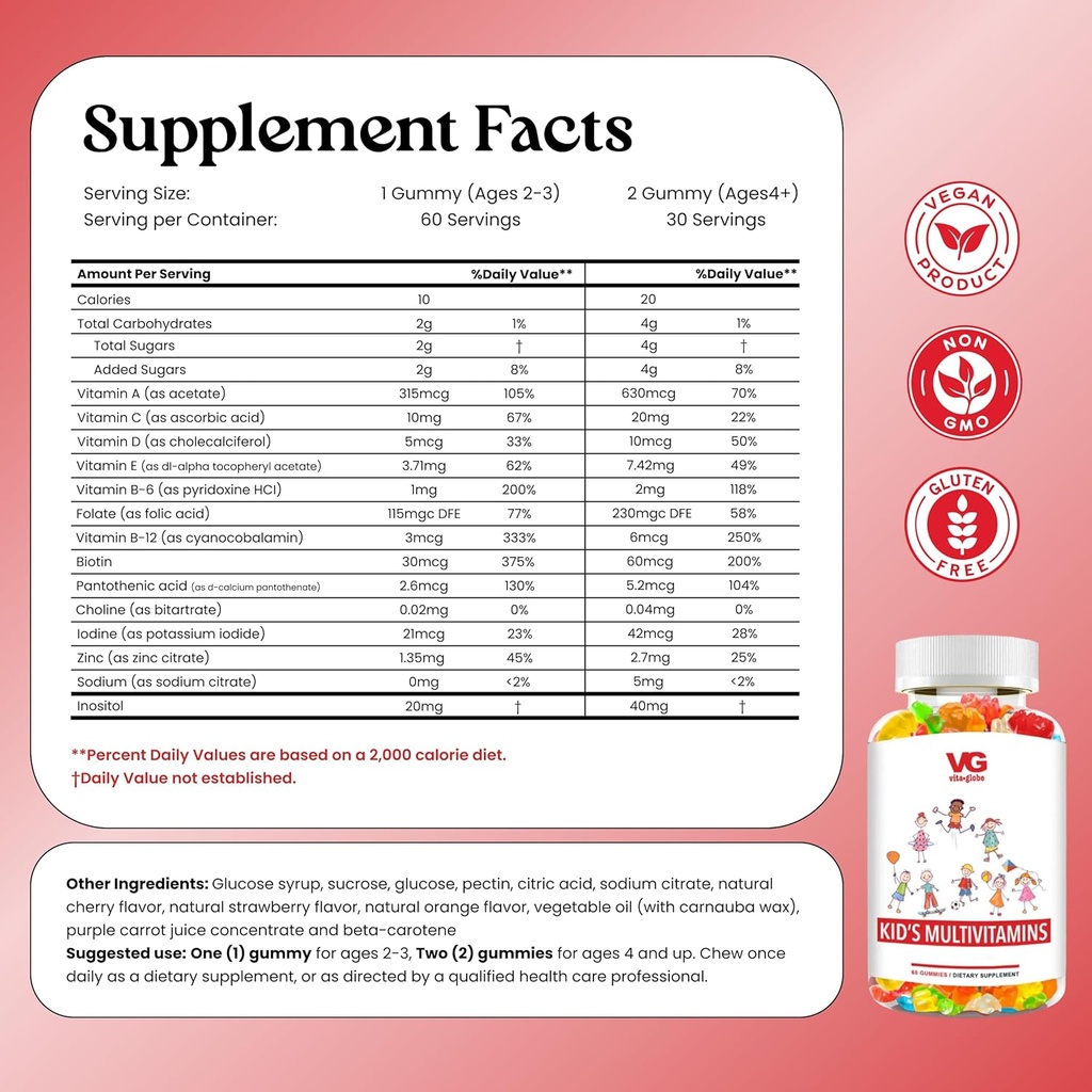 VITA GLOBE Kids Complete Multivitamin Gummies – with Vitamins A, C, D, E, B6 & B12 | Daily Immune, Growth & Wellness Support | Great-Tasting Chewable Supplement for Children – 120 Count (Pack of 2) 3