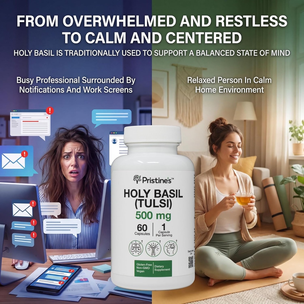 PRISTINE'S Holy Basil Capsules - 500 mg Gluten Free Immunity & Relaxation Support Adaptogen Supplement - 60 Day Supply - Tulsi Holy Basil Leaf Extract Capsules - Vegan - Non-GMO 5