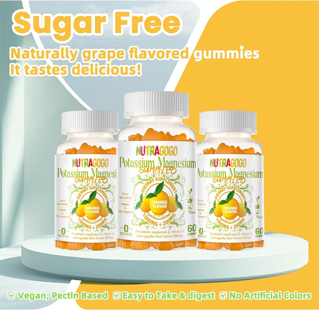 Potassium Magnesium Gummies,Potassium Supplement w/Ashwagandha,High Absorption Magnesium Glycinate,B6,D3,Potassium Citrate for Leg Cramps,Muscle,Electroyte for Adults Kids,Sugar-Free, 60 Gummies 6