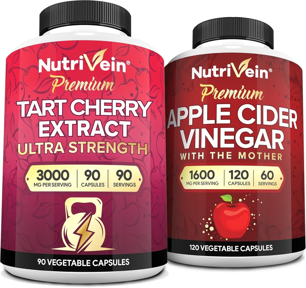 Nutrivein Premium Tart Cherry 500mg & Apple Cider Vinegar 1600mg Bundle - Muscle Recovery & Uric Acid Cleanse Plus Digestion Support & Weight Management - Non-GMO, Vegan/Vegetarian - 90 + 120 Pills 2