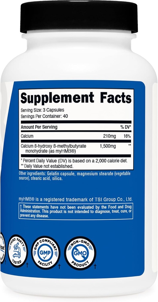 Nutricost myHMB Capsules 1,500MG Calcium HMB Per Serving, 120 Capsules, 40 Servings - Performance Line, Calcium B-Hydroxy B-Methylbutyrate Monohydrate 6
