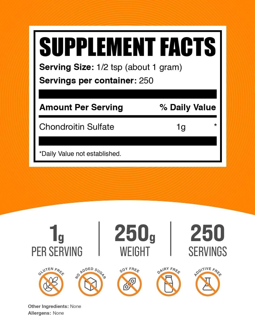BulkSupplements.com Chondroitin Sulfate Powder - Chondroitin Sulfate Supplement, for Joint Support - Gluten Free, 1g per Serving, 250g (8.8 oz) (Pack of 1) 3