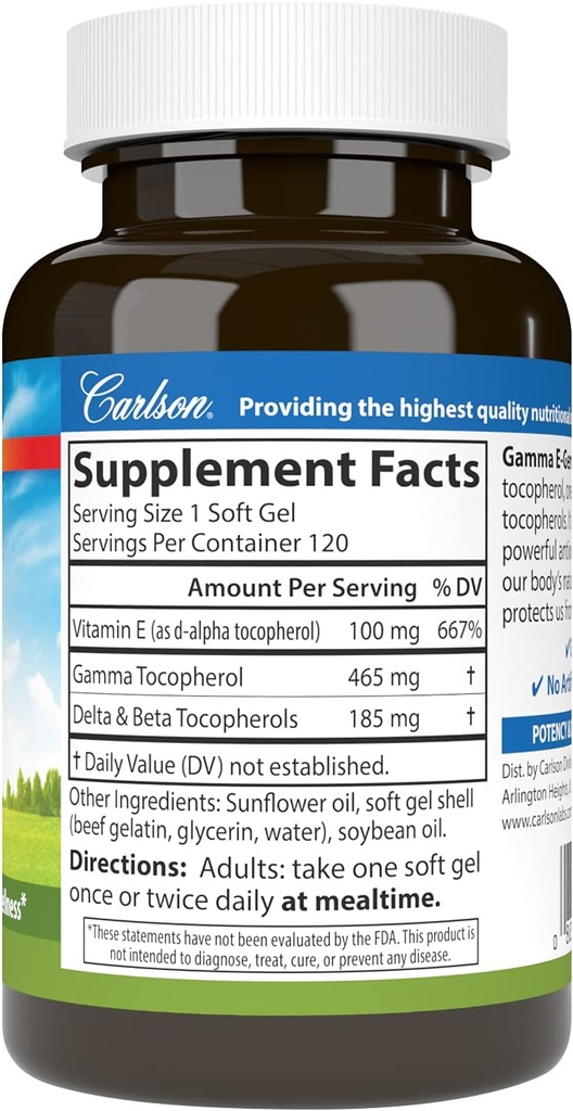 Carlson - Gamma E-Gems, 465 mg, Gamma Tocopherol, Vitamin E Tocopherol, Optimal Wellness, 120 Softgels 3