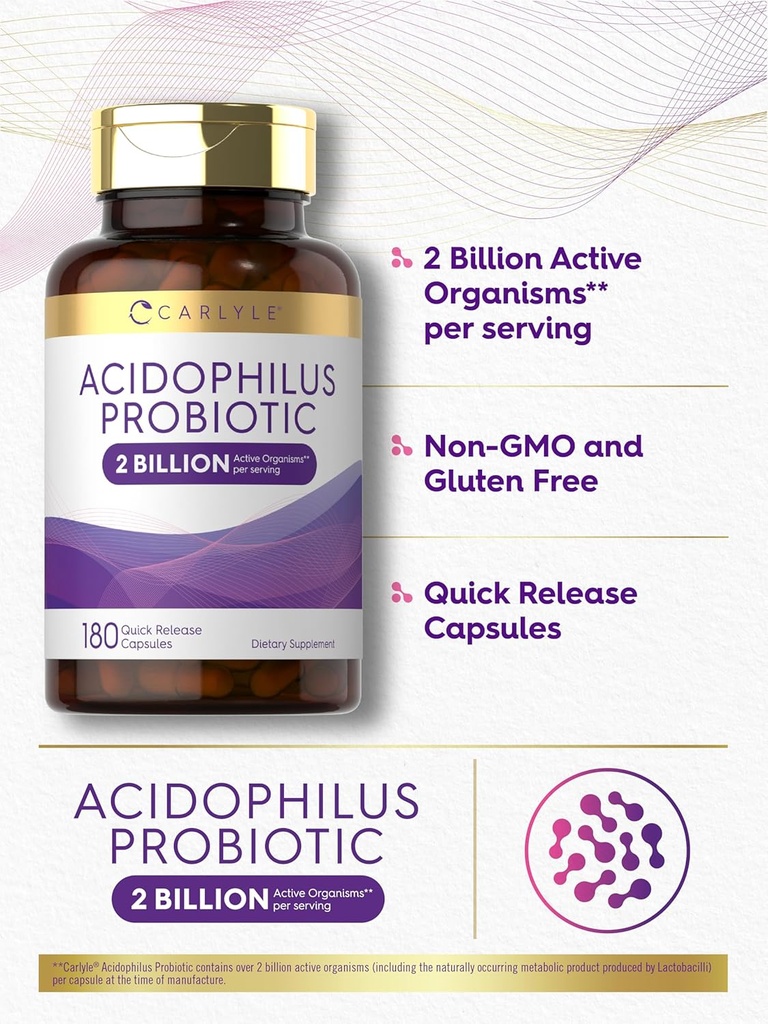 Carlyle Acidophilus Probiotic for Women & Men's Digestive Health | 2 Billion CFU | 180 Quick Release Capsules | Non-GMO & Gluten Free 5