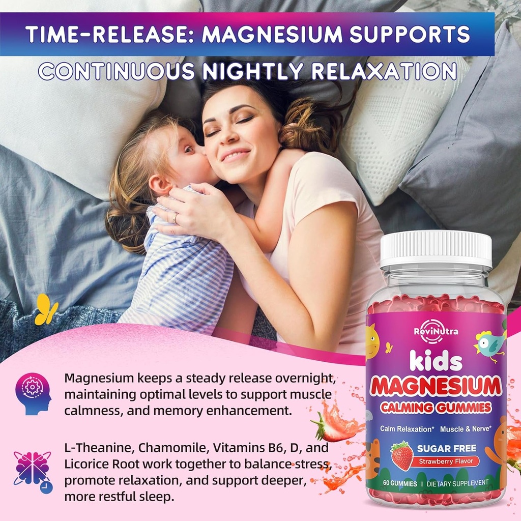 Magnesium Gummies for Kids - Magnesium Glycinate Gummies with L-Theanine, Chamomile, Licorice, Vitamin B6, D for Kids & Adults Sleep, Stress, Muscle Relief & Nerve Bone - Sugar Free Strawberry 60ct 5