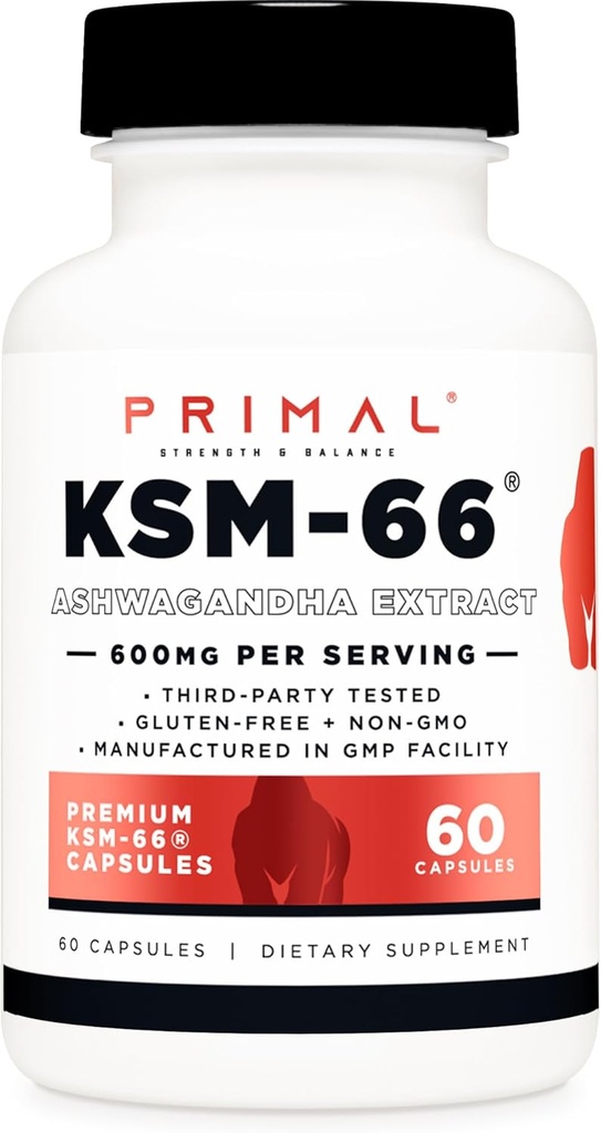 Primal KSM-66 Ashwagandha Complex (60 Capsules / 60 Servings, 600 mg Per Serving) - KSM-66 Ashwagandha with Black Pepper Extract, Gluten Free, Non-GMO 2