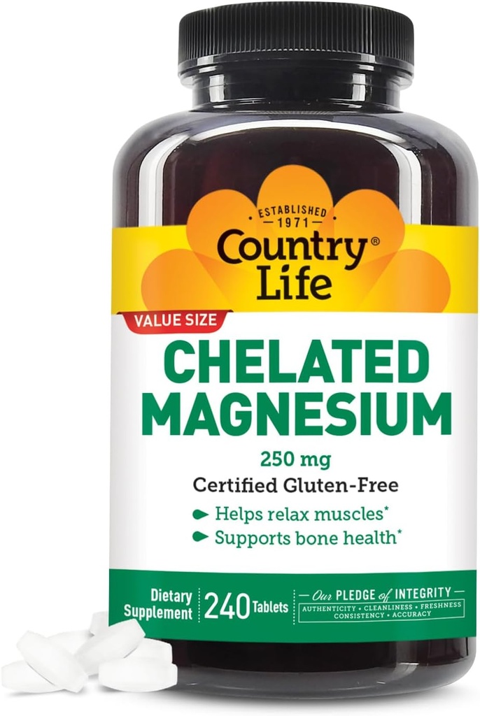 Country Life, Chelated Magnesium 250mg, Supports Bone and Immune Health, Daily Supplement, 240 ct 2