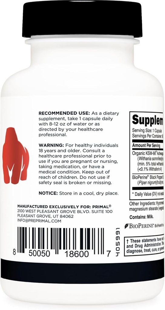 Primal KSM-66 Ashwagandha Complex (60 Capsules / 60 Servings, 600 mg Per Serving) - KSM-66 Ashwagandha with Black Pepper Extract, Gluten Free, Non-GMO 4