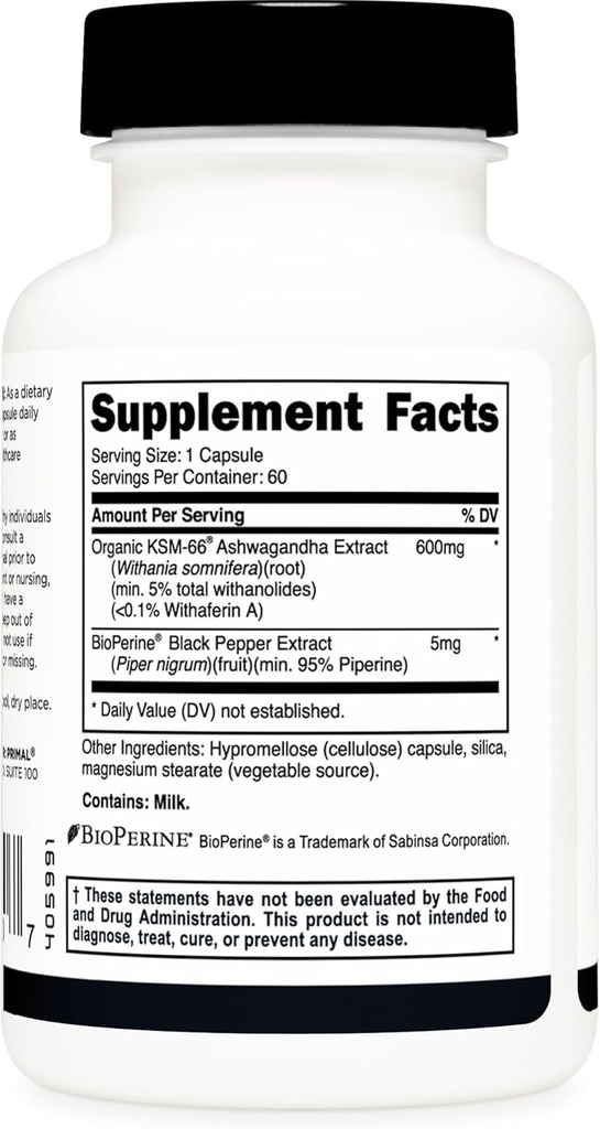 Primal KSM-66 Ashwagandha Complex (60 Capsules / 60 Servings, 600 mg Per Serving) - KSM-66 Ashwagandha with Black Pepper Extract, Gluten Free, Non-GMO 5