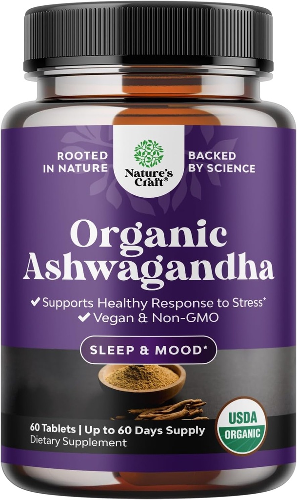 High Strength Organic Ashwagandha Supplements - Ashwagandha Organic Tablets for Mood Support & Hormone Balance for Women & Men - Root Extract Powder with Black Pepper for Better Absorption - 60 Ct 2