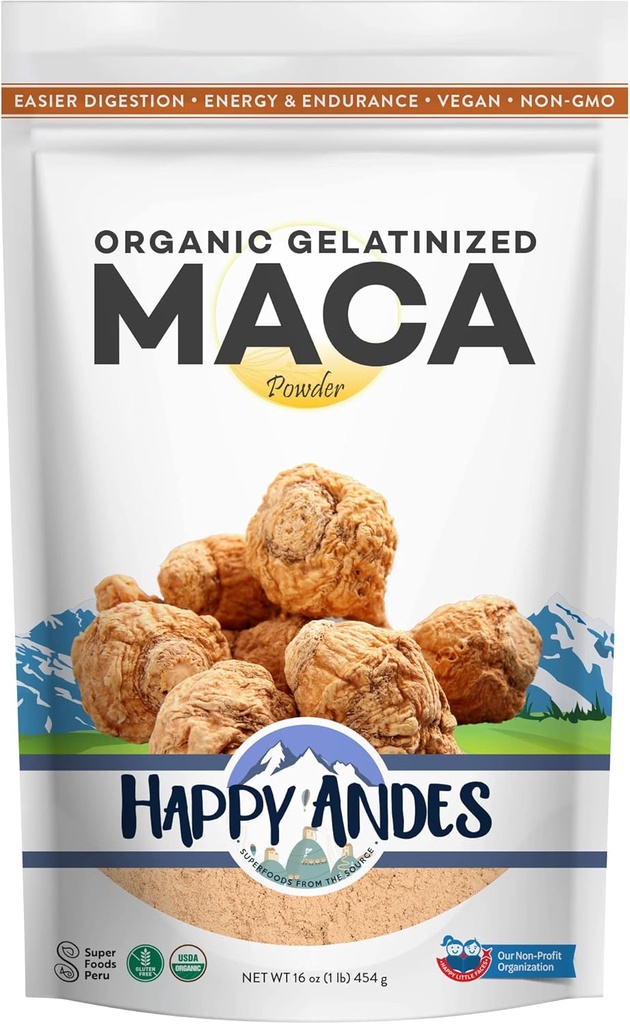 Happy Andes Organic Maca Powder Gelatinized - Premium Quality, Used to Increased Stamina & Energy, Gelatinized for Easy Digestion 16 oz, 1 2
