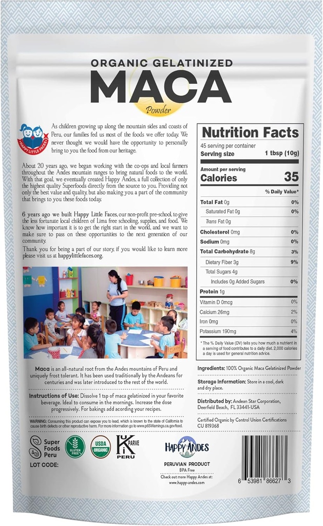 Happy Andes Organic Maca Powder Gelatinized - Premium Quality, Used to Increased Stamina & Energy, Gelatinized for Easy Digestion 16 oz, 1 3