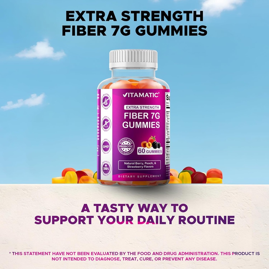 Vitamatic Prebiotic Fiber Gummies for Adults – 7g Fiber per Serving – 60 Pectin-Based Gummies Extra Strength, Zero Sugar Added – Supports Digestive Health & Regularity – Non-GMO, Vegan, Gluten-Free 6