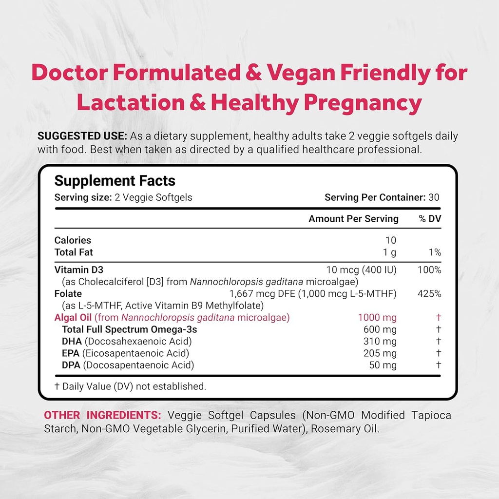 Naturalis Vegan Prenatal with Full Specrum Omega-3 | Algae DHA, EPA, DPA, Vitamin D3 & Active Folate L 5-MTHF | Vegan Society Certified, Sustainably Sourced, Non-GMO & Soy Free | 60 Veggie Softgels 3