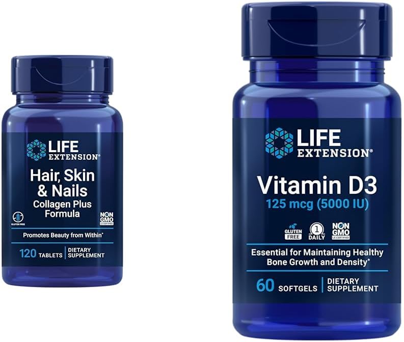 Life Extension Hair, Skin & Nails Collagen Plus Formula with Vitamin D3 5000 IU - Promotes Collagen, Keratin, Bone, Brain, Immune & Nail Health - 120 Count & 60 Softgels 2
