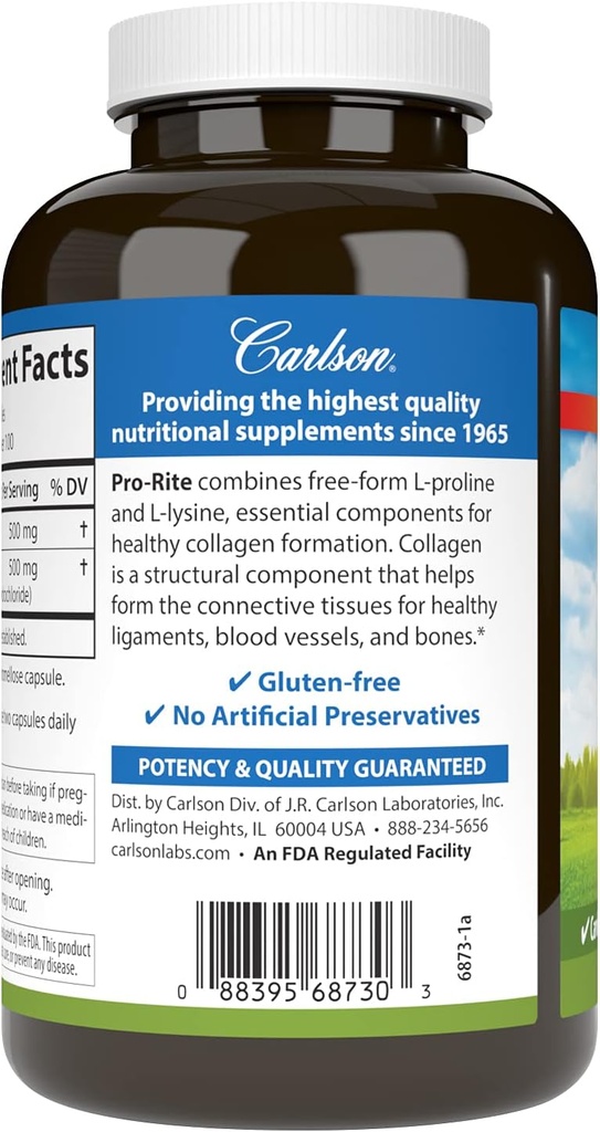 Carlson - Pro-Rite, Free-Form L-Proline & L-Lysine, Health, Joint Support & Collagen Formation, 200 Capsules 4