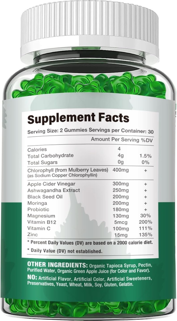 Sugar Free Chlorophyll Gummies - with Unfiltered ACV & Vitamin C、B12 - Energy Boost, Immune & Digestion Support, Natural Deodorant, Skin Care - Vegan, Non-GMO - 120 Gummies 5