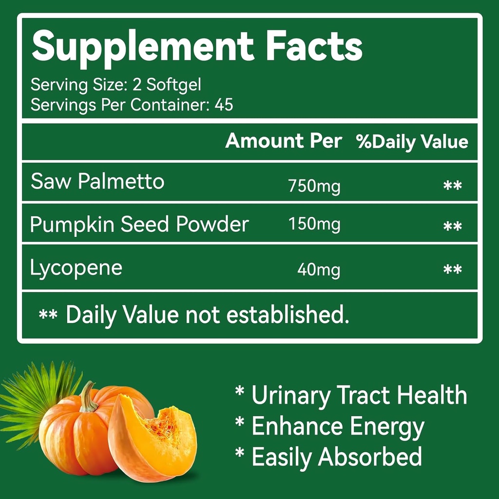 Saw Palmetto Supplement, Saw Palmetto Extract 750mg, with Lycopene, Pumpkin Seed Powder, for Men and Women,Non-GMOs & Gluten, Vegan, 90 Count Capsules（Pack of 2） 3