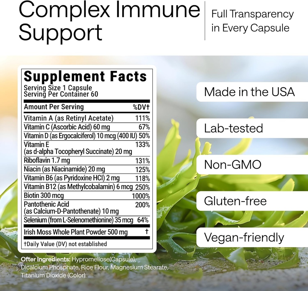 Wildcrafted Irish Sea Moss Capsules – Chondrus Crispus or True Sea Moss Advanced with Biotin, Niacinamide, Vitamins – Multimineral Supplement – Alternative to Irish Seamoss Gel – 60 Seamoss Pills 5