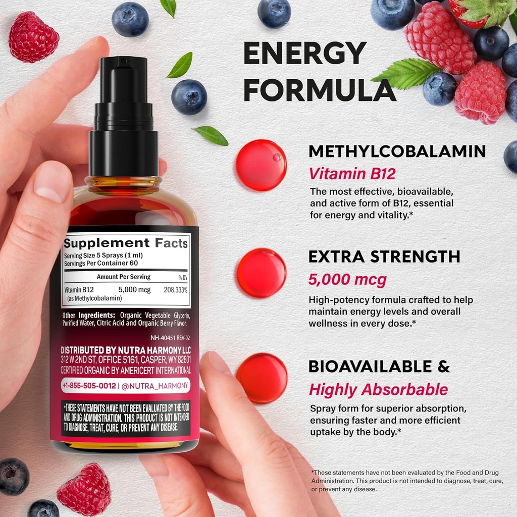 USDA Organic Vitamin B12 Sublingual Spray - 5000 mcg Liquid Vegan Methylcobalamin for Women & Men - Energy Boost, Focus & Mood, Brain Health Support - Maximize Absorption - 2 Month Supply, 2 fl oz 6