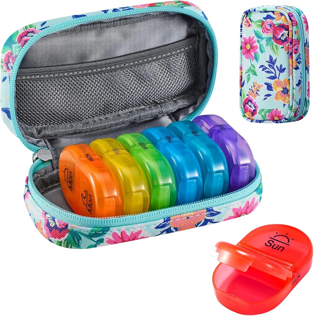 Serfeymi Weekly Travel Pill Organizer 2 Times A Day AM PM Upgraded Rainbow Pill Box 7 Day with Portable Zipper PU Leather Pill Case, Medicine Organizer for Pills, Vitamins, Fish Oils - Green-01 2