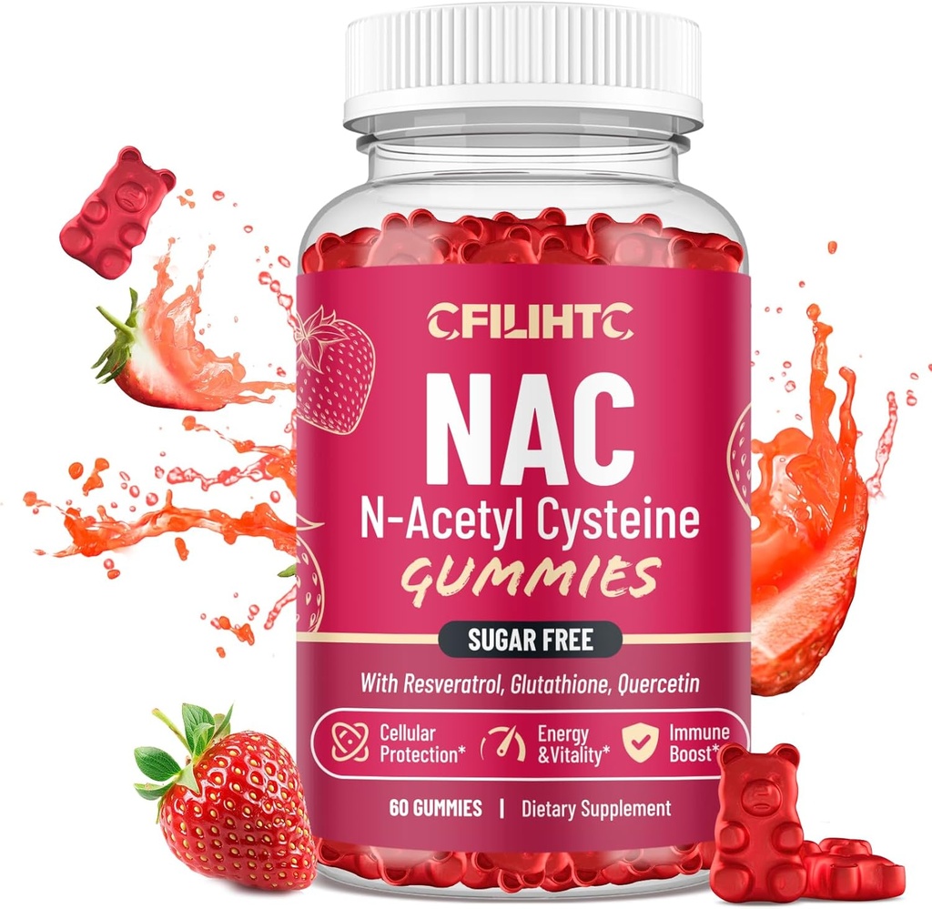 NAC Gummies 600mg, N Acetyl Cysteine Supplement with Glutathione, Resveratrol, Magnesium, CoQ10, NAC Chewable for Antioxidants & Immune Support, Strawberry Flavor 60 Gummies 2