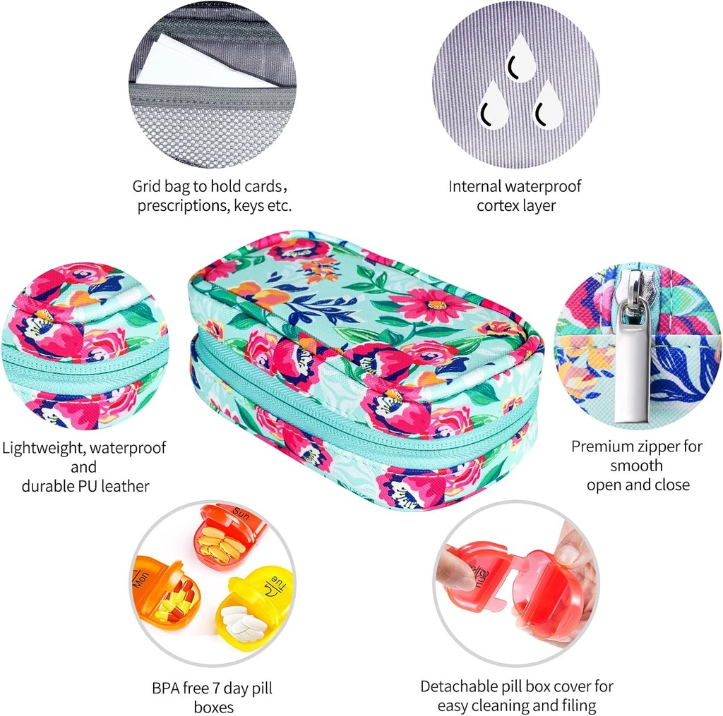 Serfeymi Weekly Travel Pill Organizer 2 Times A Day AM PM Upgraded Rainbow Pill Box 7 Day with Portable Zipper PU Leather Pill Case, Medicine Organizer for Pills, Vitamins, Fish Oils - Green-01 4