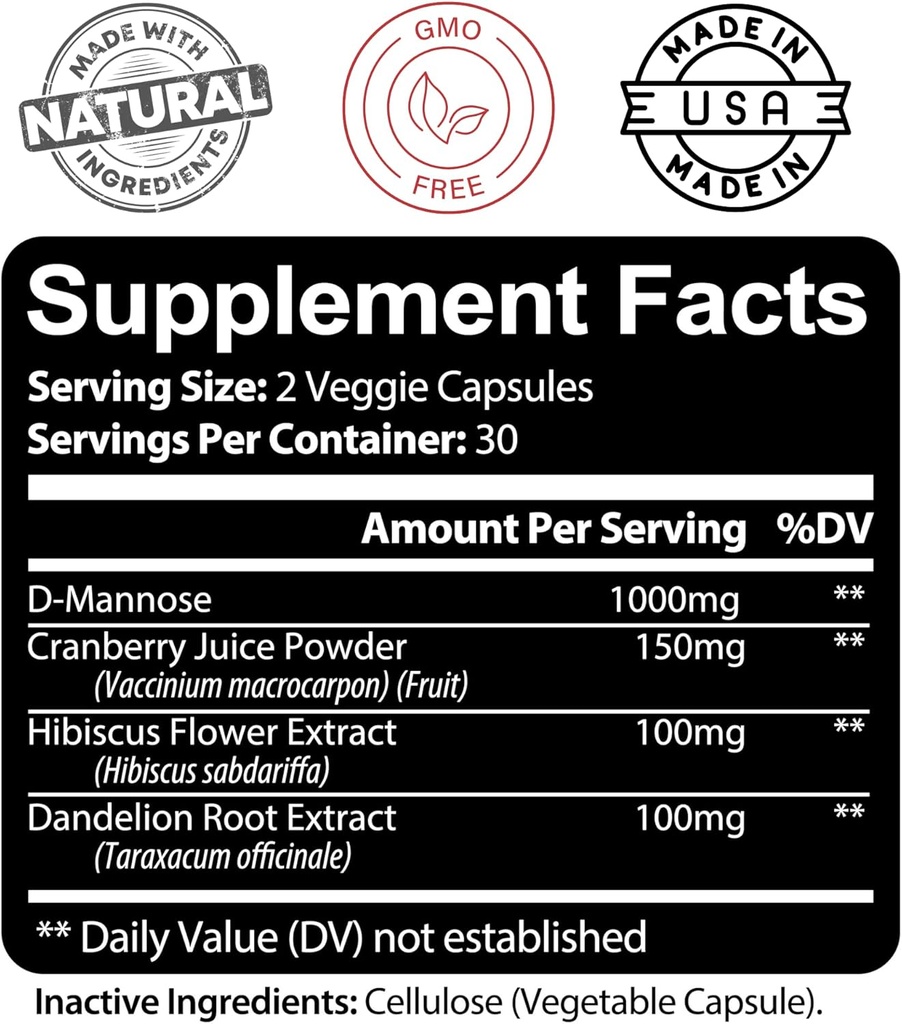 Kaya Naturals - D-Mannose - Urinary Tract UT Cleanse & Bladder Health - Made with Cranberry, Hibiscus & Dandelion Root - D Mannose Capsules Cranberry Supplement - 60 Veggie Capsules 4