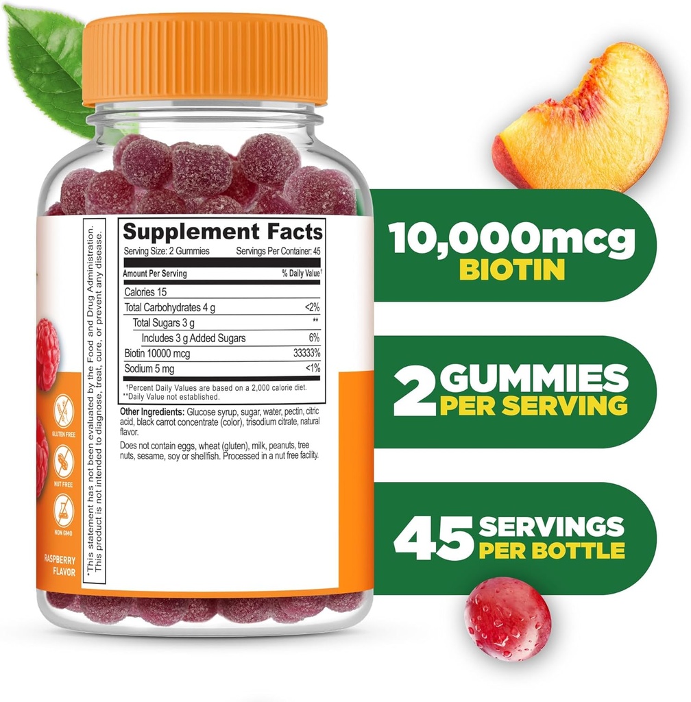 Lifeable Biotin Gummies | 10,000mcg | Great Tasting Hair Skin and Nails Gummies | GMO-Free Vegan Biotin Supplement | Hair Skin and Nails Vitamins for Women | 90 Gummies 3