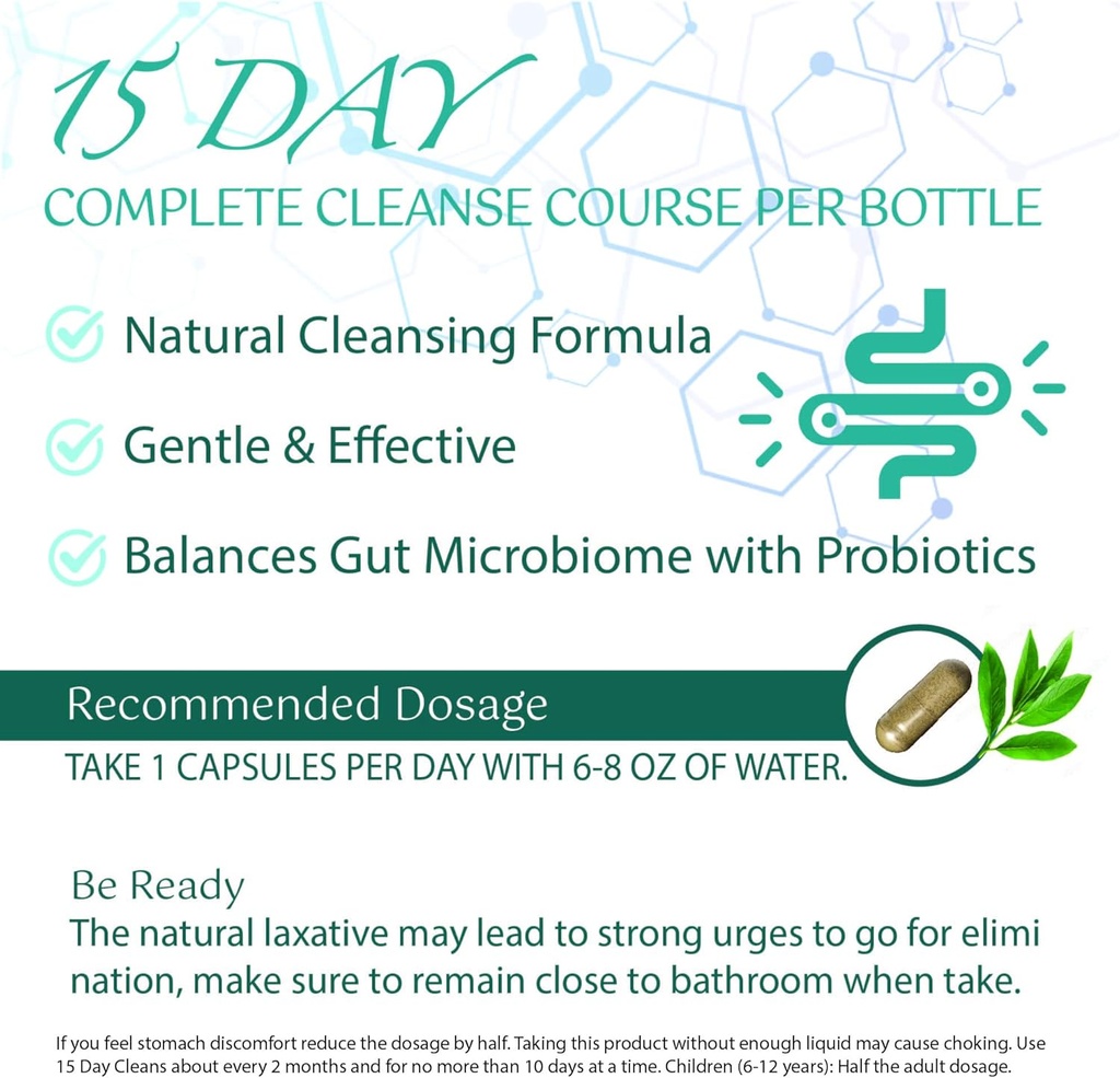 15 Day Cleanse Gut Support, Advanced Gentle Daily Colon Gut Cleanse Detox for Women & Men with Senna, Cascara Sagrada, Psyllium Husk and Probiotic, 15 Capsules 6