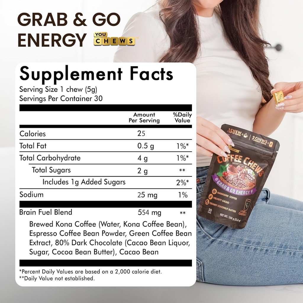 YouChews Coffee Chews - Grab & Go Energy with 100mg per Chew of Clean, Green Caffeine. With Real Organic Ingredients, Low Sugar, Great Bold Taste & Long Lasting Energy Boost (30 Chews Pack) 3