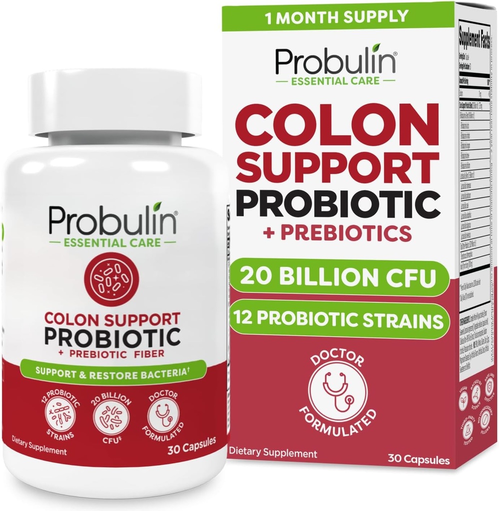 Probulin Colon Support Daily Probiotic + Prebiotic + Support Gut Health, Occasional Gas and Bloating - 20 Billion CFU - 12 Strains, 30 Vegan Capsules 2